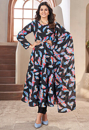 Digital Printed Georgette A Line Suit in Black