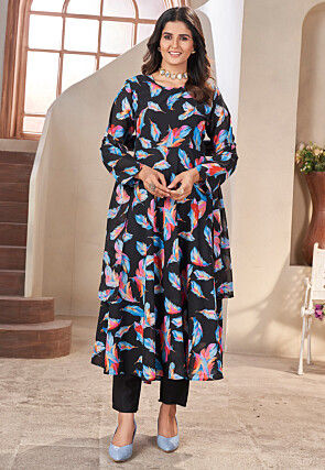 Digital Printed Georgette A Line Suit in Black