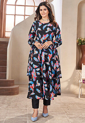 Digital Printed Georgette A Line Suit in Black
