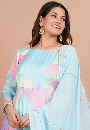 Digital Printed Georgette A Line Suit in Blue and Multicolor