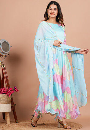 Digital Printed Georgette A Line Suit in Blue and Multicolor