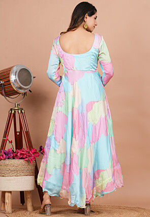 Digital Printed Georgette A Line Suit in Blue and Multicolor