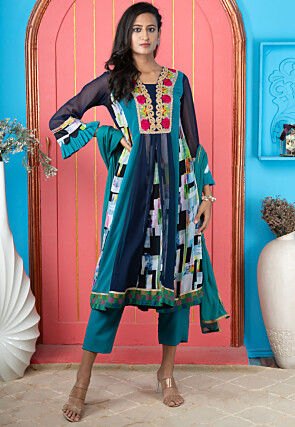 Digital Printed Georgette A Line Suit in Blue