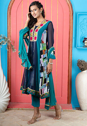 Digital Printed Georgette A Line Suit in Blue