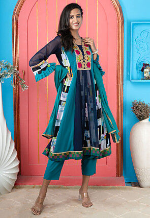 Digital Printed Georgette A Line Suit in Blue