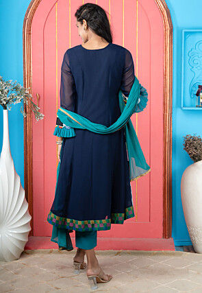 Digital Printed Georgette A Line Suit in Blue