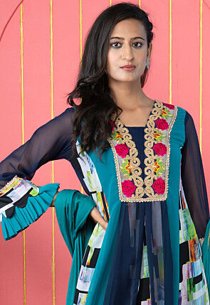 Digital Printed Georgette A Line Suit in Blue