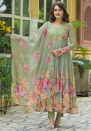 Digital Printed Georgette A Line Suit in Green