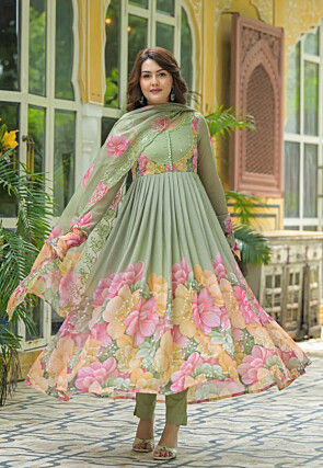 Digital Printed Georgette A Line Suit in Green