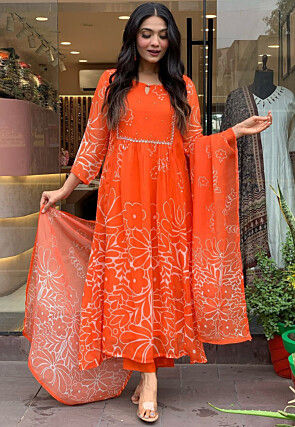 Digital Printed Georgette A Line Suit in Orange