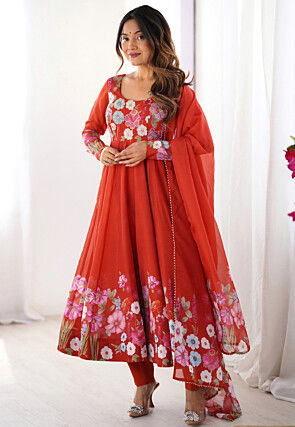 Digital Printed Georgette A Line Suit in Orange