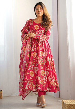 Digital Printed Georgette A Line Suit in Pink