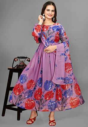 Digital Printed Georgette A Line Suit in Purple