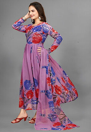 Digital Printed Georgette A Line Suit in Purple