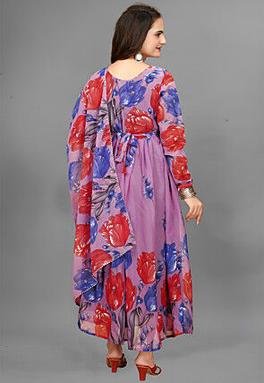 Digital Printed Georgette A Line Suit in Purple