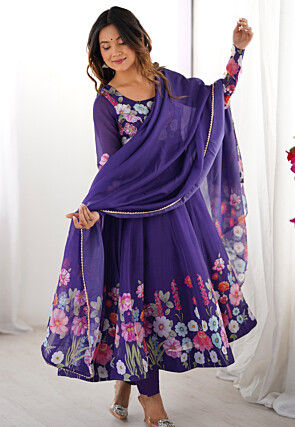 Digital Printed Georgette A Line Suit in Purple