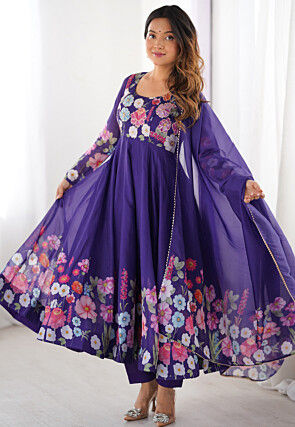 Digital Printed Georgette A Line Suit in Purple