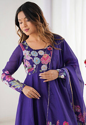 Digital Printed Georgette A Line Suit in Purple