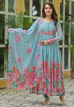 Digital Printed Georgette A Line Suit in Sky Blue