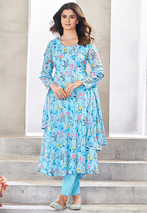 Digital Printed Georgette A Line Suit in Sky Blue