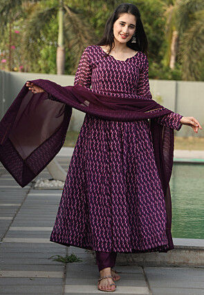 Digital Printed Georgette A Line Suit in Wine