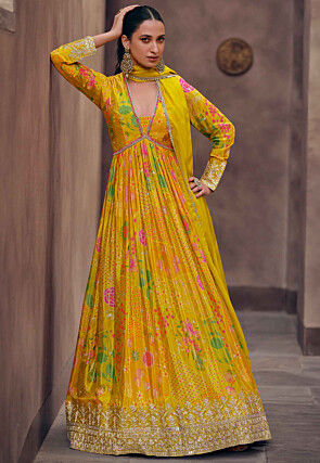 Digital Printed Georgette Abaya Style Kameez in Mustard