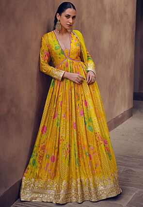 Digital Printed Georgette Abaya Style Kameez in Mustard