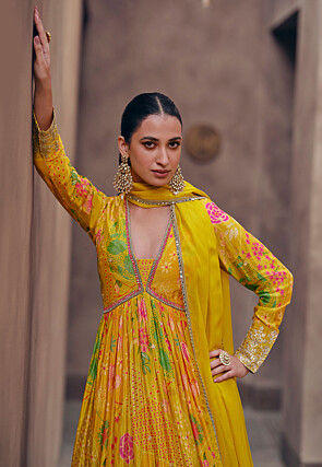 Digital Printed Georgette Abaya Style Kameez in Mustard