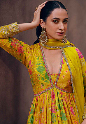 Digital Printed Georgette Abaya Style Kameez in Mustard