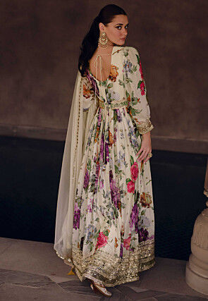 Digital Printed Georgette Abaya Style Kameez in Off White