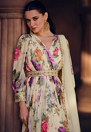 Digital Printed Georgette Abaya Style Kameez in Off White