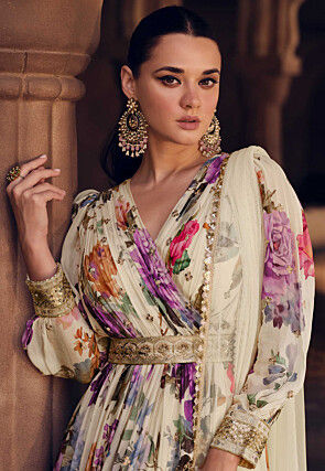 Digital Printed Georgette Abaya Style Kameez in Off White