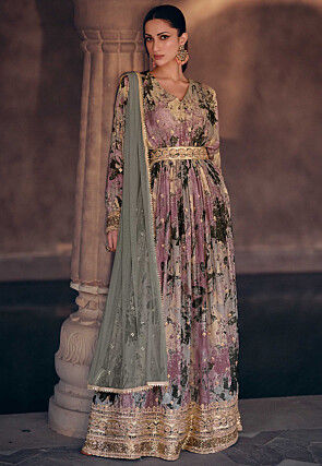 Digital Printed Georgette Abaya Style Kameez in Purple and Beige