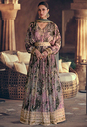 Digital Printed Georgette Abaya Style Kameez in Purple and Beige