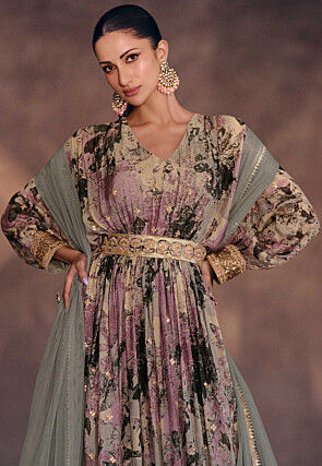 Digital Printed Georgette Abaya Style Kameez in Purple and Beige