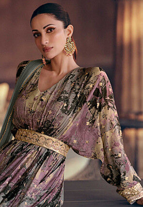 Digital Printed Georgette Abaya Style Kameez in Purple and Beige