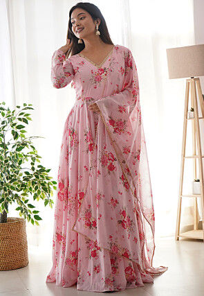Digital Printed Georgette Abaya Style Suit in Baby Pink