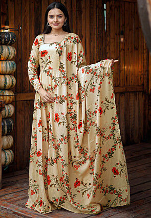 Digital Printed Georgette Abaya Style Suit in Light Beige