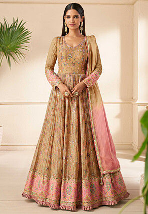 Digital Printed Georgette Abaya Style Suit in Beige