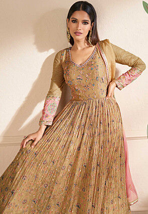 Digital Printed Georgette Abaya Style Suit in Beige