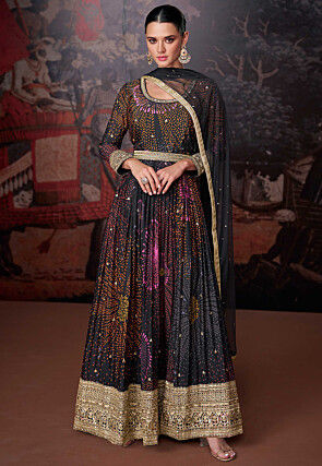 Digital Printed Georgette Abaya Style Suit in Black