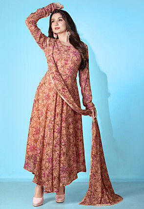 Digital Printed Georgette Abaya Style Suit in Brown