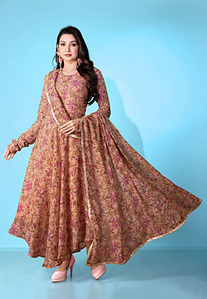 Digital Printed Georgette Abaya Style Suit in Brown