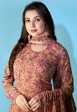 Digital Printed Georgette Abaya Style Suit in Brown