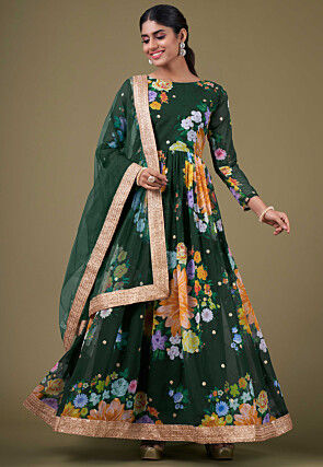 Digital Printed Georgette Abaya Style Suit in Dark Green
