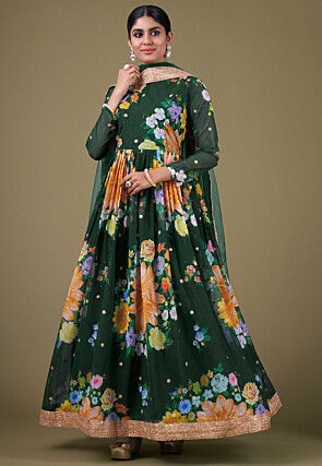 Digital Printed Georgette Abaya Style Suit in Dark Green