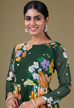 Digital Printed Georgette Abaya Style Suit in Dark Green