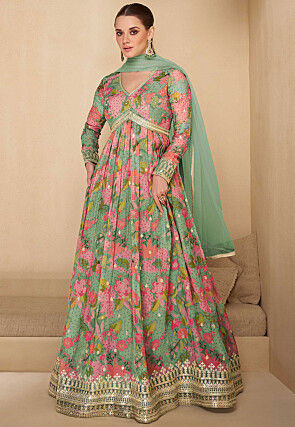 Digital Printed Georgette Abaya Style Suit in Dusty Green and Pink