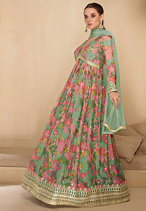 Digital Printed Georgette Abaya Style Suit in Dusty Green and Pink