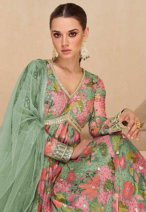 Digital Printed Georgette Abaya Style Suit in Dusty Green and Pink